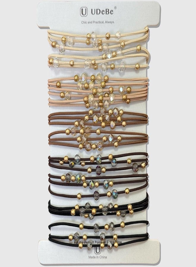 UDeBe 10pcs Brown Hair Ties with Gold & Crystal Beads, Thin Elastic Ponytail Holders for Women, No Damage, Stylish Hair Accessories - Image 1